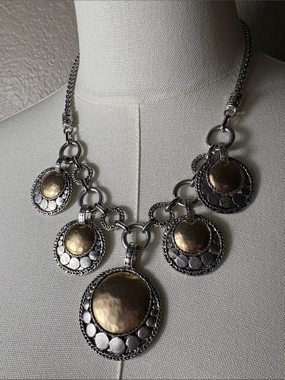 Chico's Two-Tone Disc Pendant Necklace in Silver and Gold
